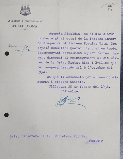 Correspondència Rebuda, 1936/02/20, Biblioteca Popular