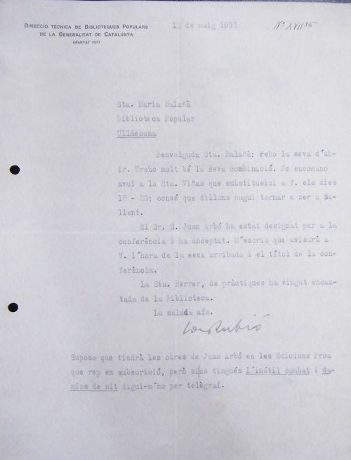 Correspondència Rebuda, 1936/05/13, Biblioteca Popular