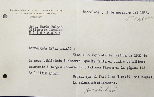 Correspondència Rebuda, 1936/11/14, Biblioteca Popular