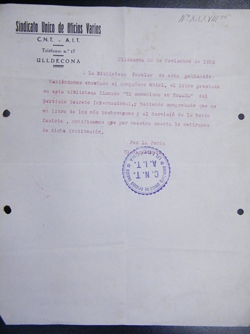 Correspondència Rebuda, 1936/11/28, Biblioteca Popular